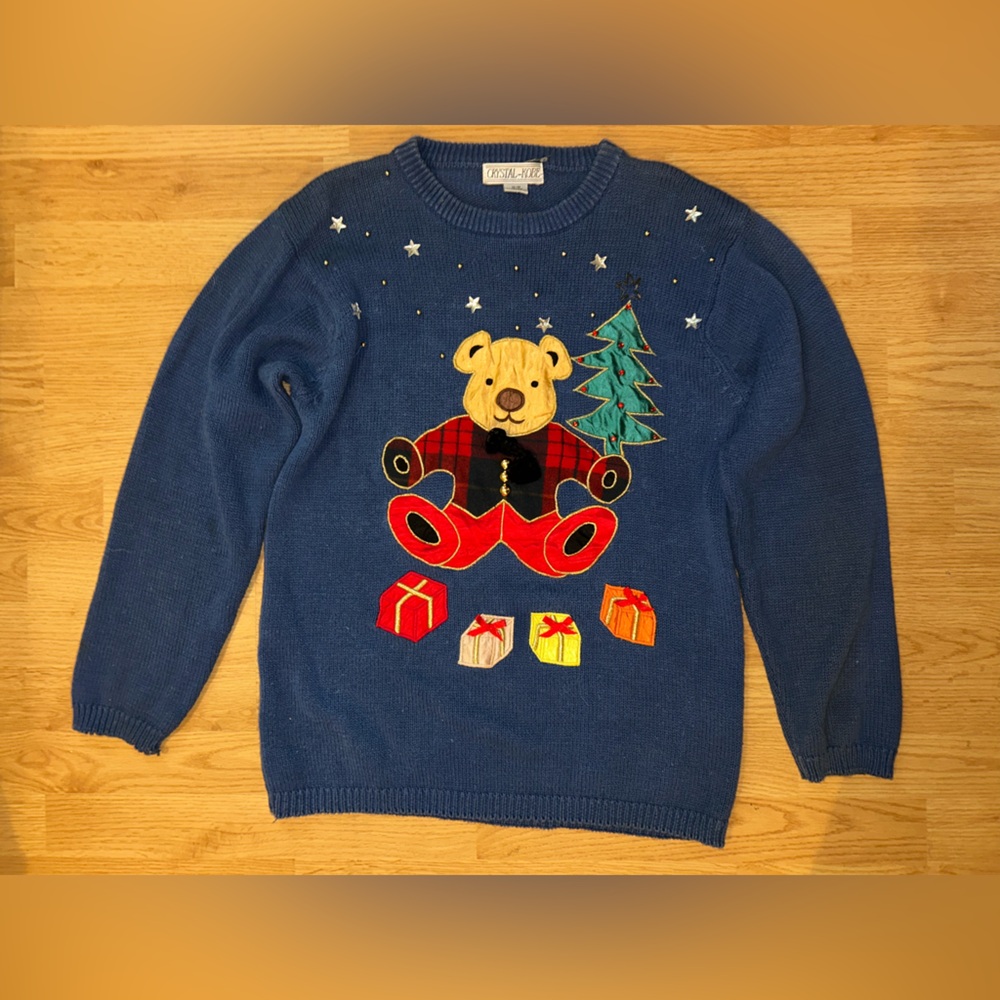 Vintage Christmas Ugly Blue Christmas Sweater with Bear and Gifts
